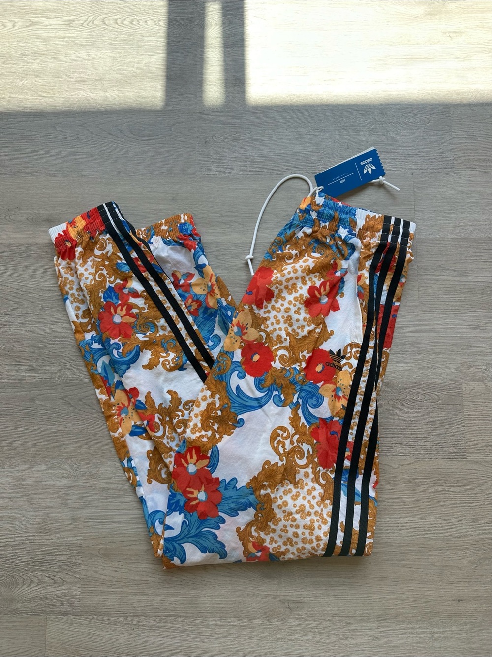 adidas Floral Baroque Track Pants in White, Red, Blue, Gold